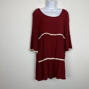 Umgee Fabulous Fringe Long Sleeve Dress Red Boho Size Medium